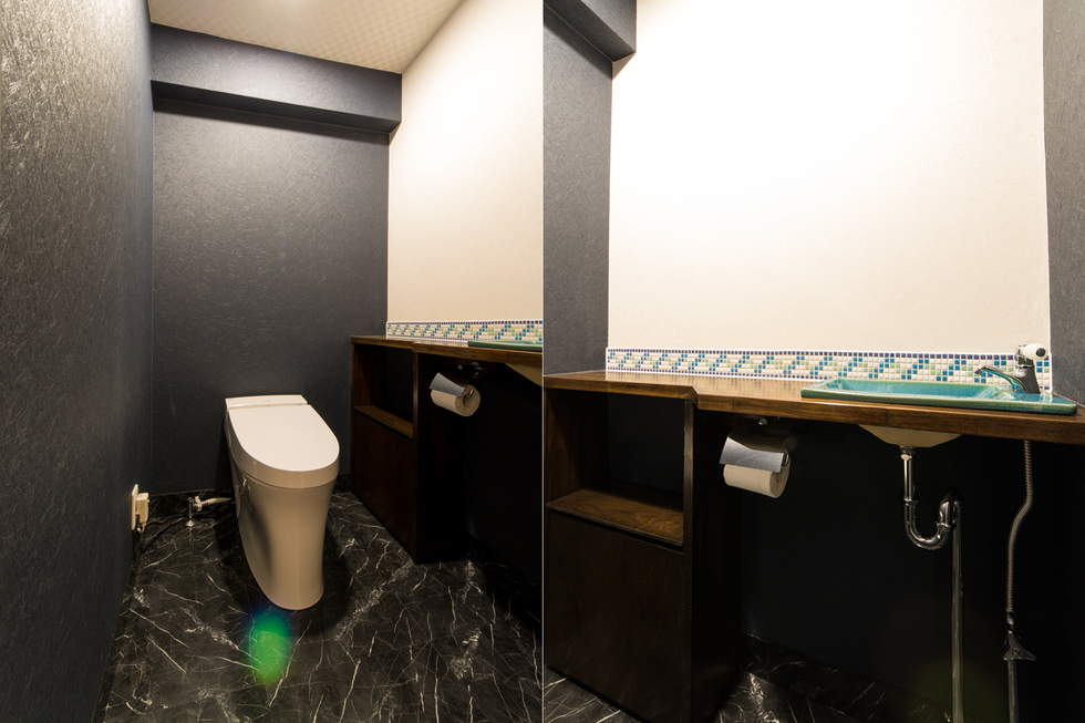 お店で見かけるようなデザインを採用しました。
床はPタイルを敷き、また、巾木も同じPタイルを使用して一般的な巾木というつなぎ目のないなお洒落な空間とした。